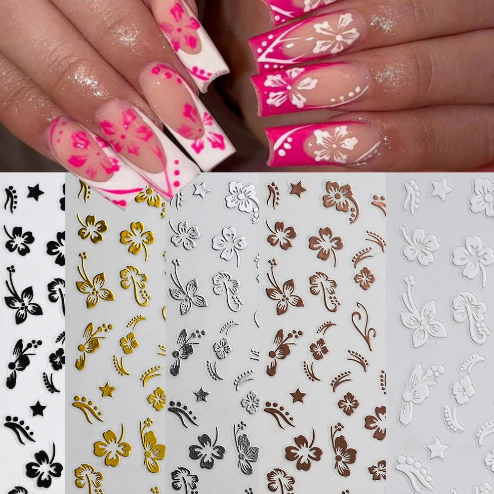 1pc 3D Hibiscus Flowers Nail Sticker White Black Flower Petals Adhesive Decals Pink Golden Floral Slider For Nail Art Decoration