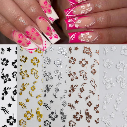 1pc 3D Hibiscus Flowers Nail Sticker White Black Flower Petals Adhesive Decals Pink Golden Floral Slider For Nail Art Decoration