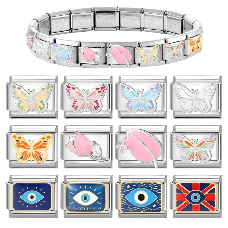 Fashion Drip Glaze Blue Eyes Colorful Butterfly Italian Charm Links Fit 9mm Stainless Steel Bracelet Jewelry DIY Making Beads