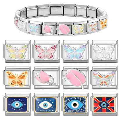 Fashion Drip Glaze Blue Eyes Colorful Butterfly Italian Charm Links Fit 9mm Stainless Steel Bracelet Jewelry DIY Making Beads