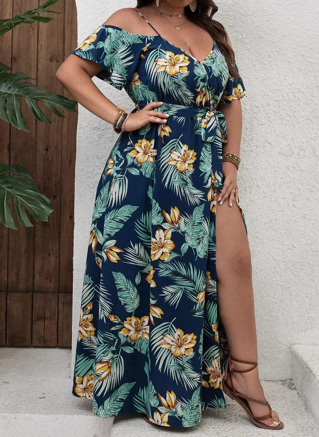 Plus Size Large Size Fashion Floral Print Women's Strap Dress Comfortable Casual Long Skirt Polyester Fabric Commute Style Th...