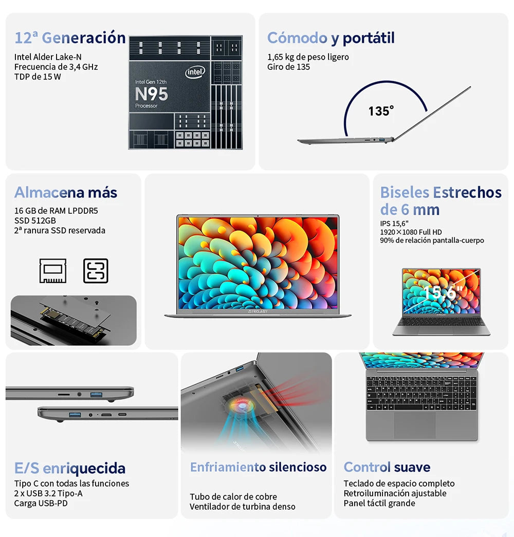 Teclast F16Pro Laptop 15.6 Inches, Backlit Keyboard, for Intel N95, 16Gb Ram 512Gb Rom, 1920X1200 Fhd Ips, Compatible with Mini-Hdmi
