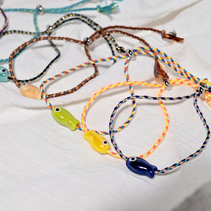Set of 10Pcs Ceramic Fish Bracelet for Women Handmade Woven Colored Rope Boho Wrap Charm Bracelet Friendship Popular Jewelry