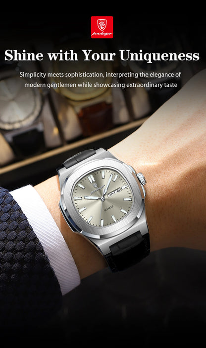 POEDAGAR Top Fashion Men's Quartz Watches Luxury Luminous Waterproof Man Clock Week Date Leather Business Men Watch Reloj Hombre