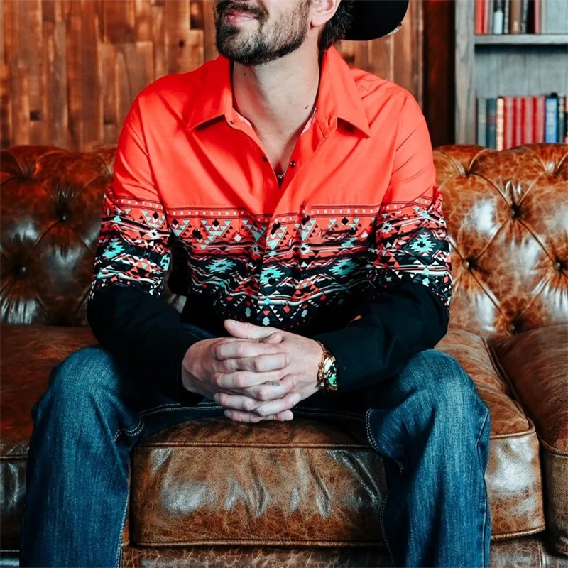 2024 Men's Long Sleeve Western Denim Shirt, Outdoor Casual Party, HD Pattern, Soft and Comfortable Button Lapel T-shir