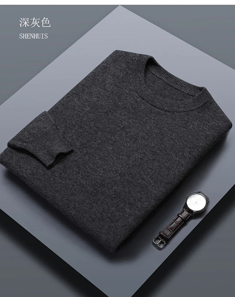 Classic Solid Color Men's O-neck Sweater Autumn Winter 100% Merino Wool Knitted Pullover Long Sleeve Warm Loose Casual Men Tops