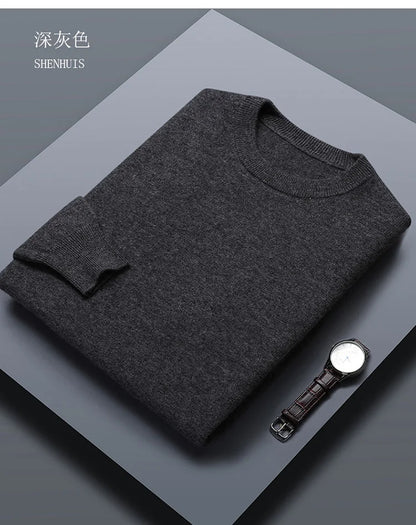 Classic Solid Color Men's O-neck Sweater Autumn Winter 100% Merino Wool Knitted Pullover Long Sleeve Warm Loose Casual Men Tops