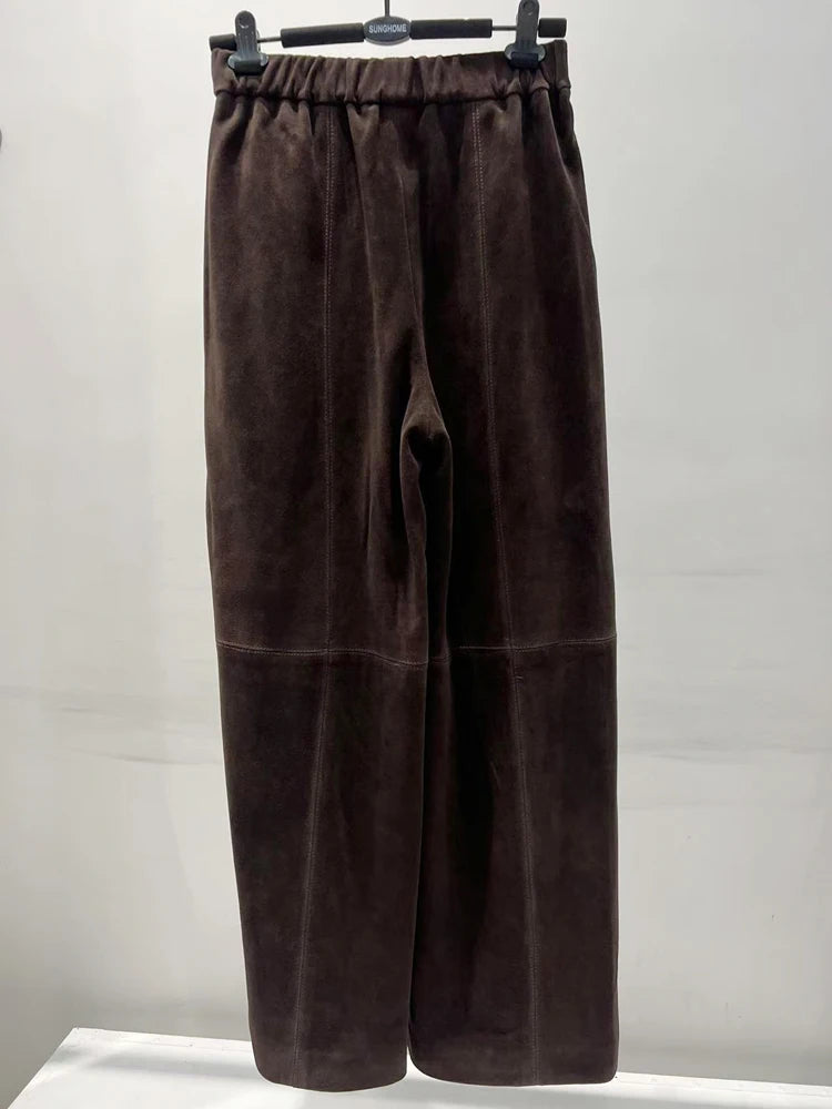Retro Suede Leather Cropped Pants for Women Femae Genuine Leather Wide Leg Floor Long Trousers Straight Cylinder Spodnie Damskie