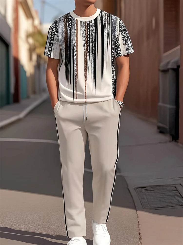 3D Navy Anchor Pattern Men's Set Summer Crew Neck Short Sleeve Shirt With Casual Trousers Two-Piece Set Casual Men's Set