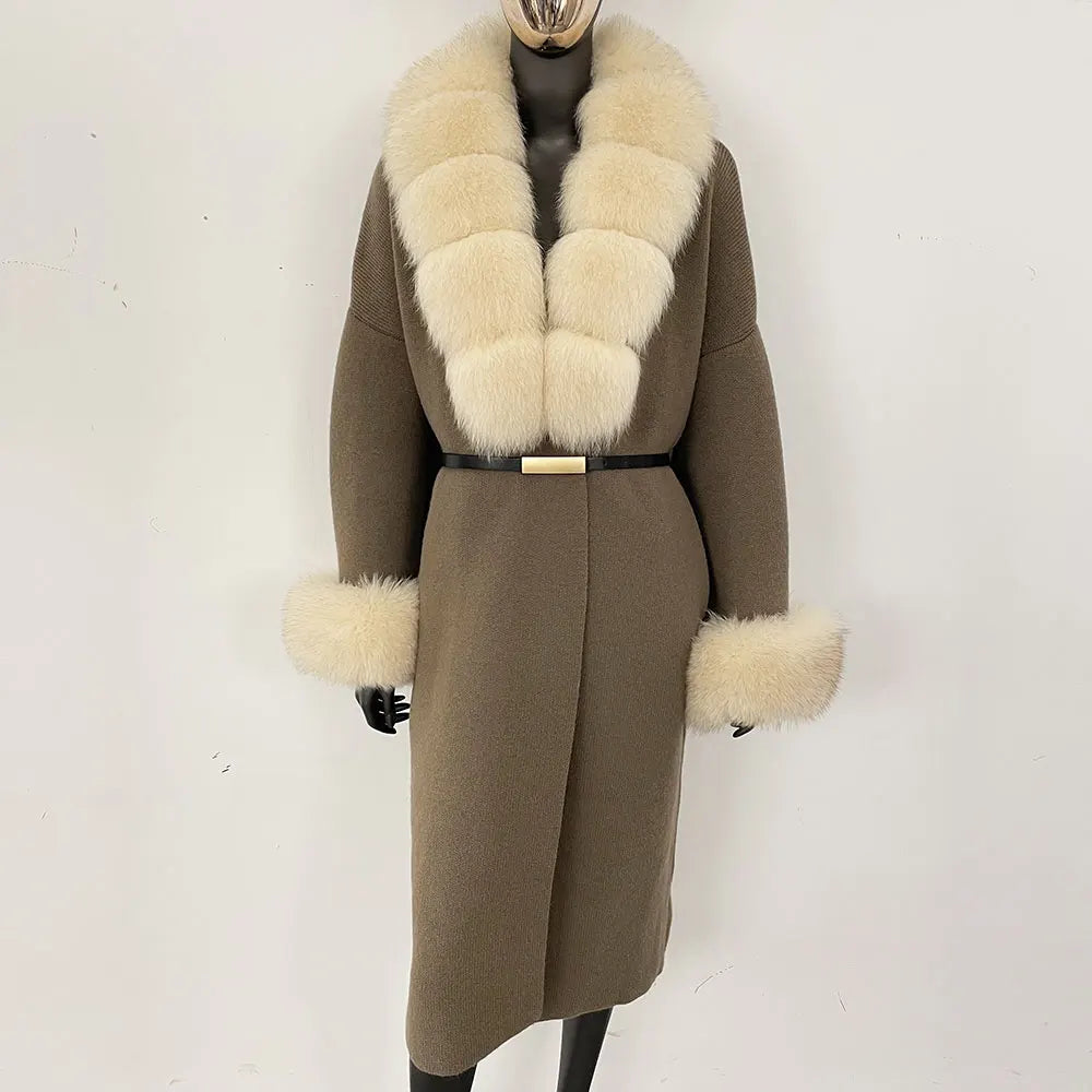 Long Knitwear Coat Women Warm Belt Real Fox Fur Jacket Female 2024 New Autumn Winter Kintted Natural Fur Coat Women