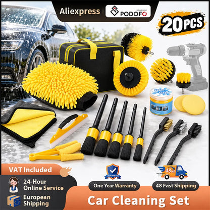 Podofo 20 Pcs Car Cleaning Set Car Care Set for Interior and Exterior - Car Wash Set with Brushes, Polishing Sponges, Cleaning Gel for Car Interior&Exterior Cleaning With Carry Bag