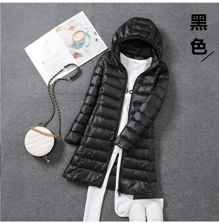 Women Ultra Light Long Down Jacket Coats Autumn Winter Loose Long Sleeve Zip Up Loose Korean Hooded Detachable Tops Outwear