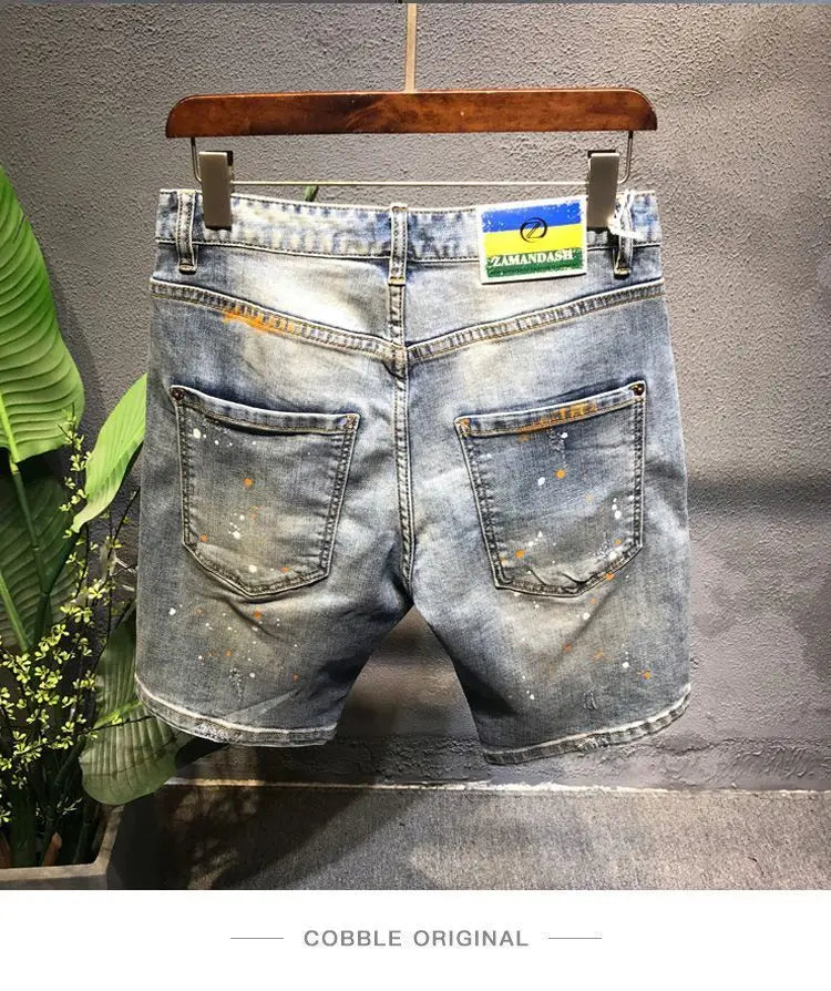 Summer Trendy Brand Handsome Denim Shorts Men's Washed Embroidered Patch Trendy Short Pants Ripped Slim-fit Elastic Middle Pants