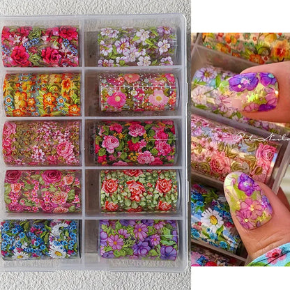 10 Patterns New Metal Nail Foils for Transfer Paper Stickers Floral Chameleon Nails Wraps DIY Water Marble Nail Art Decorations