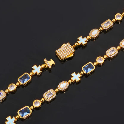 ESKEEM 6mm Geometric Blue Gemstone Necklace Oil Drip Cross Pendant Iced Out CZ Stones Opal Chain Hip Hop Jewelry Men Women Gift