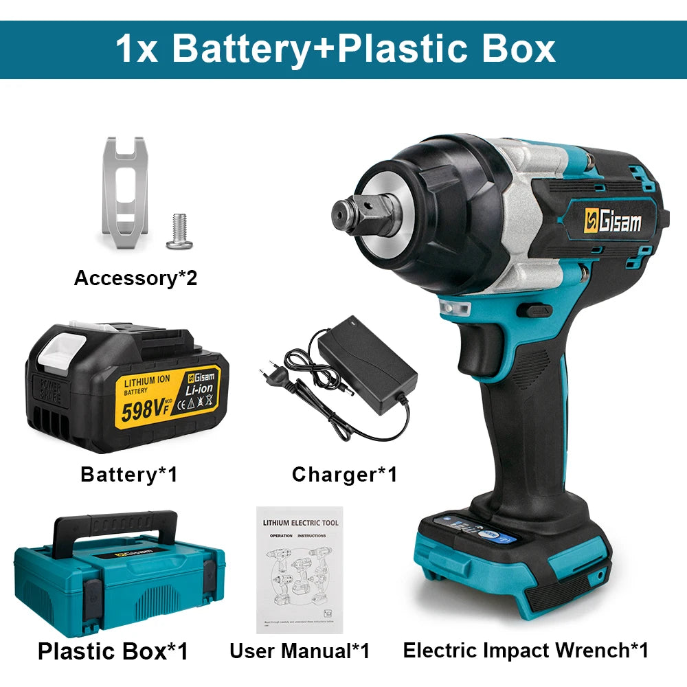Gisam 1800N.M Torque Brushless Electric Impact Wrench 1/2 inch Screwdriver Cordless Wrench Power Tool For Makita 18V Battery Pin