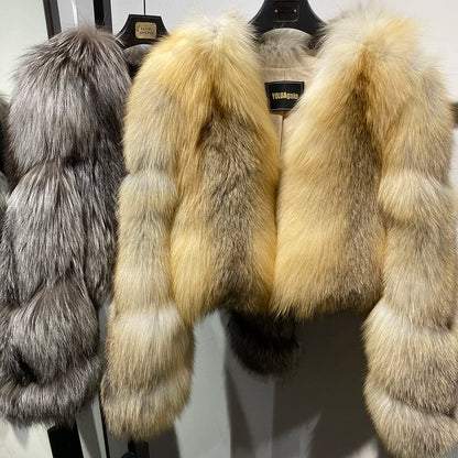 YOLOAgain Women's Natural Fox Fur Jacket 2025 Winter Warm Luxury Real Fox Fur Coat