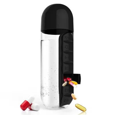 Portable Water Bottle With Built-in Pill Box for Medicines, Vitamins, Perfect for Outdoor, Gym, Fitness, Camping and Traveling