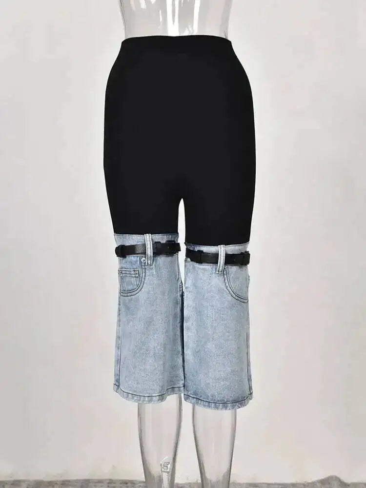 LGRQ Denim Patchwork Pants For Women Fashion New High Waist Contrast Color Belt Straight Pant Female 2026 Summer New 17A2013H