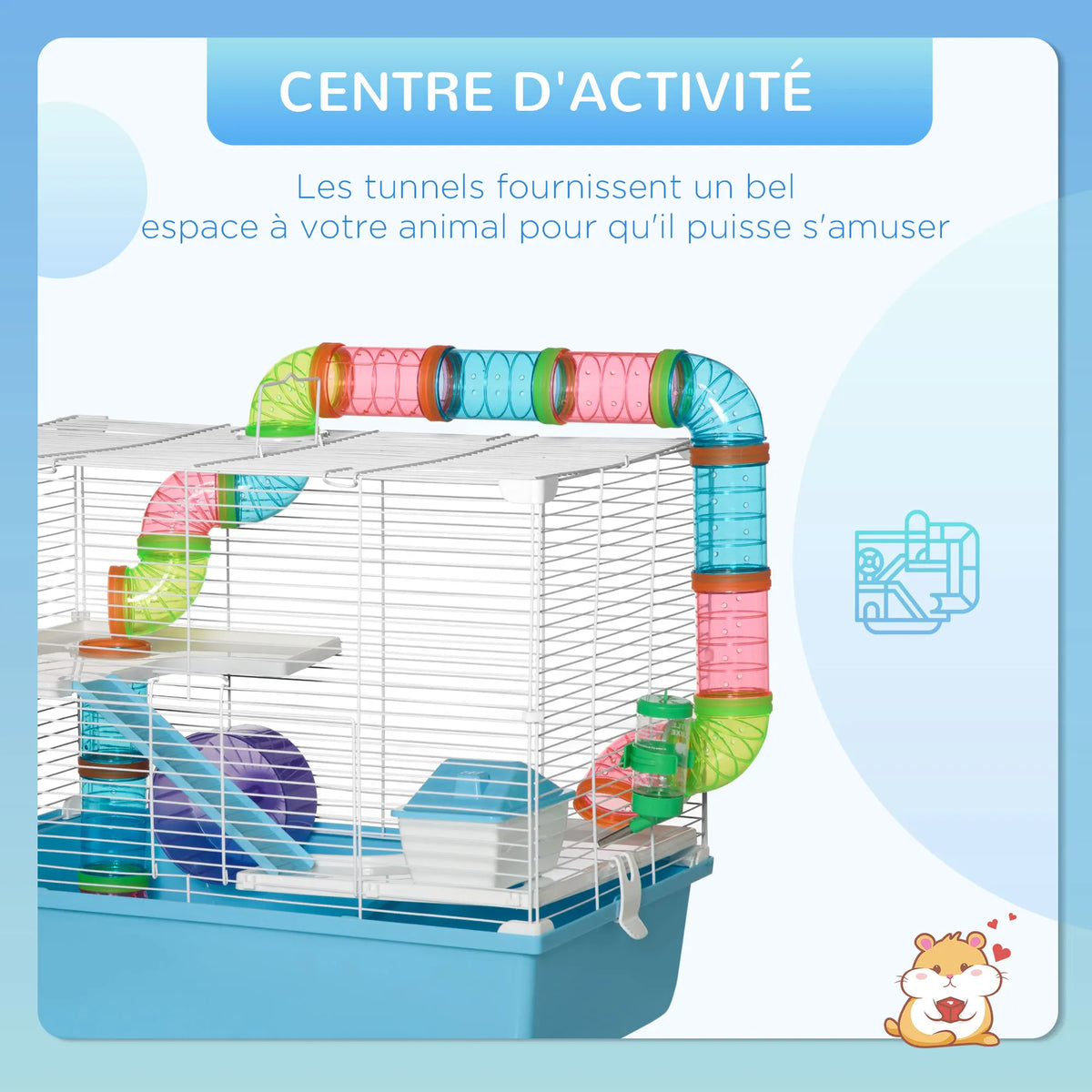 3-level rodent hamster Cage with tunnel, bottle of water, wheel, house, dark ladder. 59L x 36W x 47H cm rat cage hamster cage animals cage rat rat hamster cage