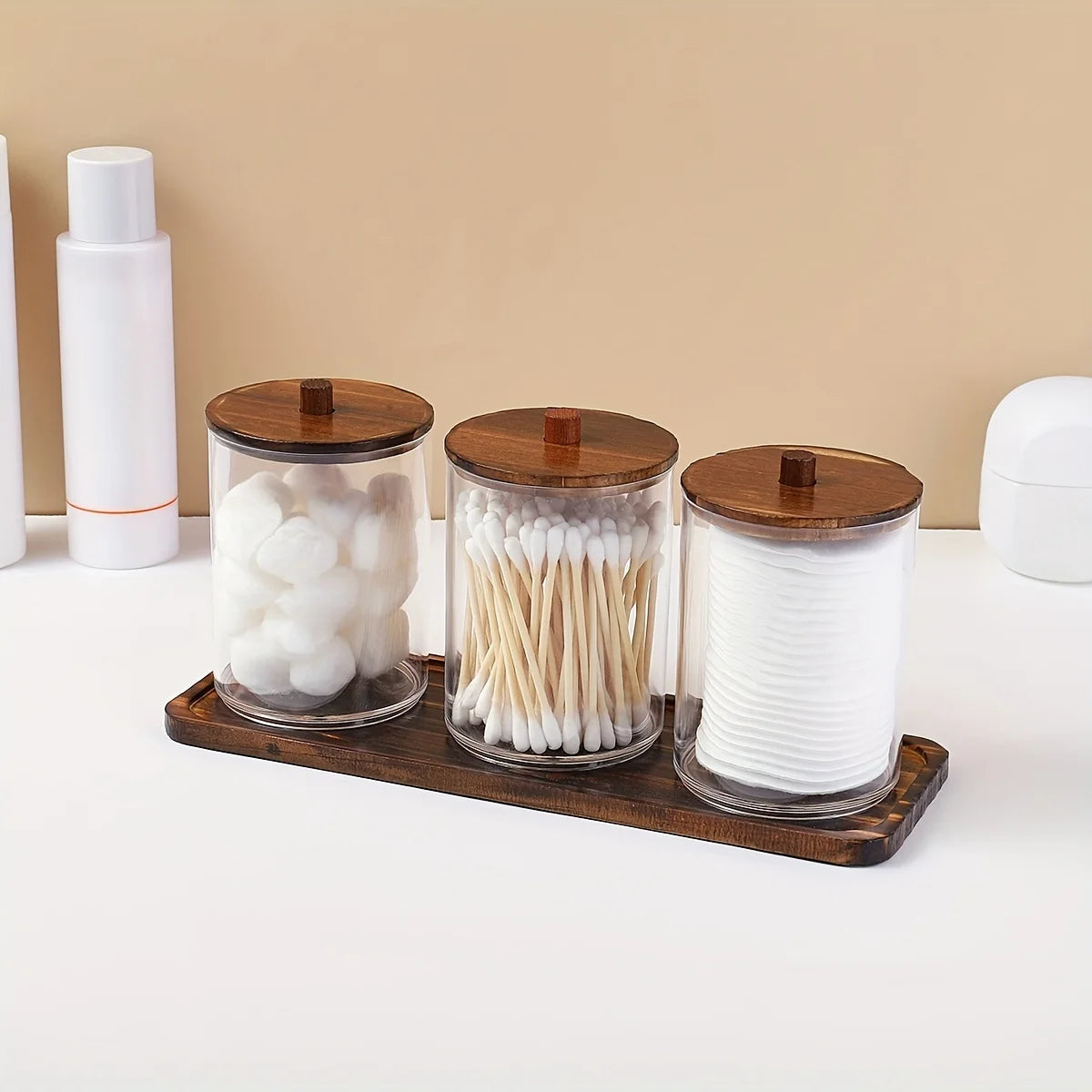 3 Pack Swab/Ball/Pad Holder with Wooden Tray, Qtip Apothecary Jar, Clear Bathroom Containers Dispenser for Storage
