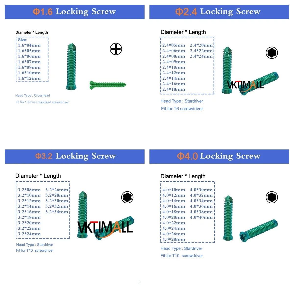 VKTIMALL Titanium Locking Screw Veterinary B1.6-B4.0 Bone Screw for Orthopedic Implant Trauma Plates