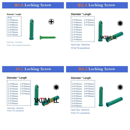 VKTIMALL Titanium Locking Screw Veterinary B1.6-B4.0 Bone Screw for Orthopedic Implant Trauma Plates