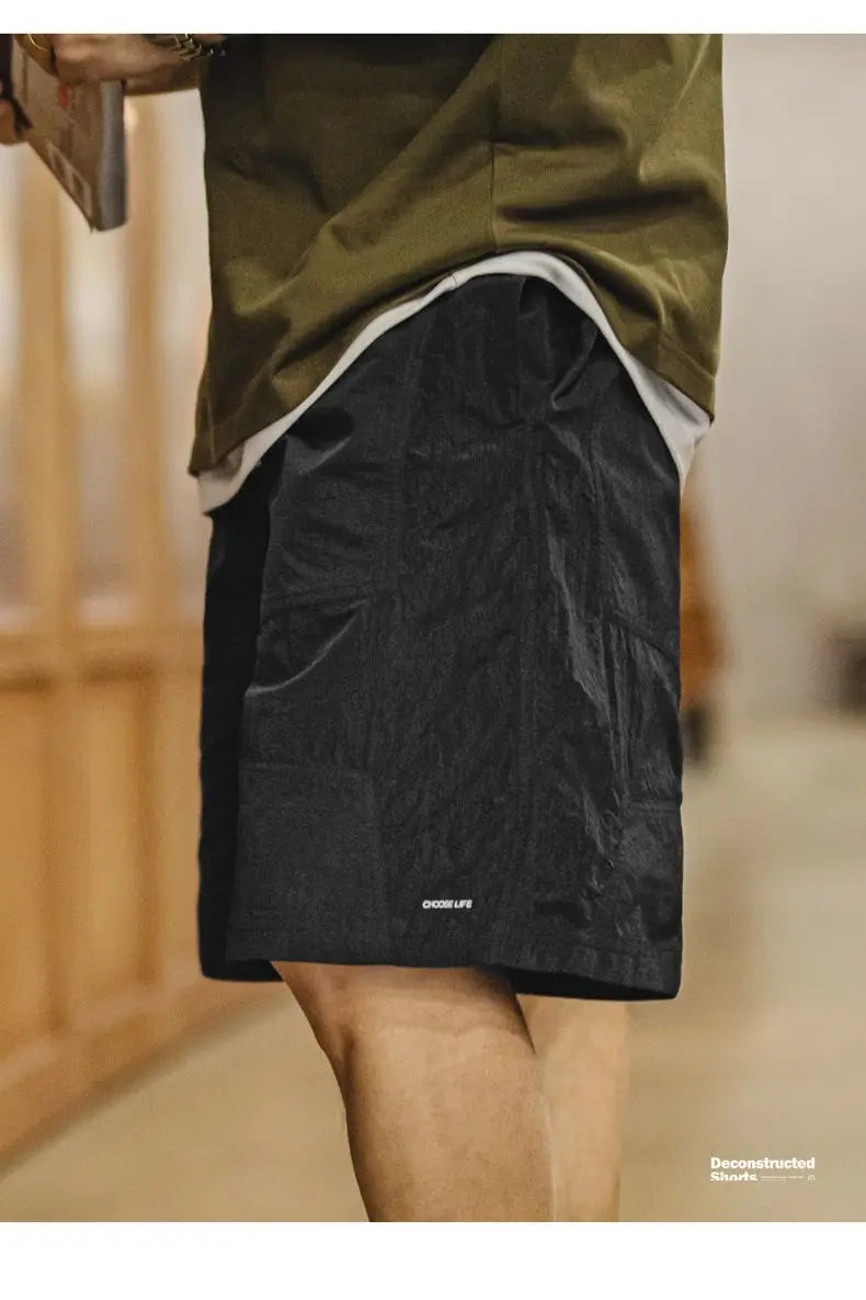 Maden Outdoor Patchwork Black Shorts Men's Lightweight Quick-Dry Breathable Shorts with Elastic Waist Straight Leg Sport Pants