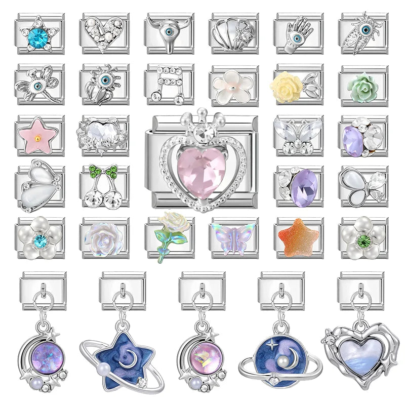 Wholeasle Shiny Zircon Shell Love Heart Devil Eyes Italian Charm Links Fit 9mm Stainless Steel Bracelet Women Jewelry DIY Making