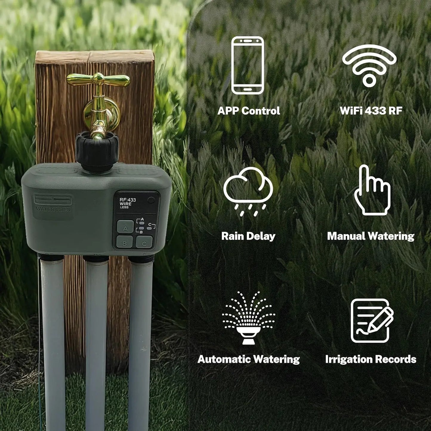 3 Zone Water Timer with, Tuya Wifi+RF433, Featuring IPX5 Waterproof, Rain Delay, Intelligent Irrigation, Suitable for the Garden