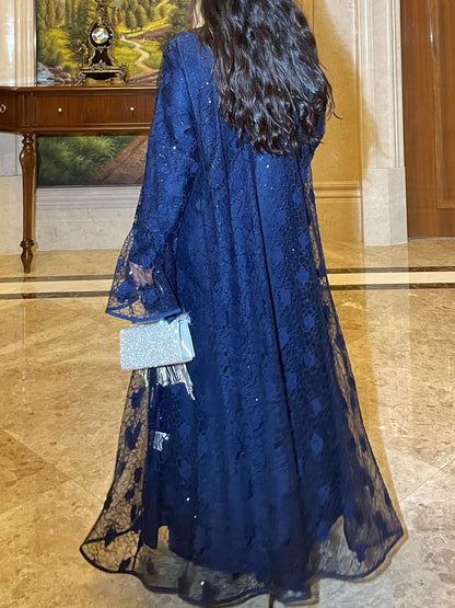 Muslim Women Abaya Dress 2 Piece Set Flare Sleeve Lace Sequin Satin Morocco Caftan Dress Musulman Ensembles Cadigan Outfit Suits
