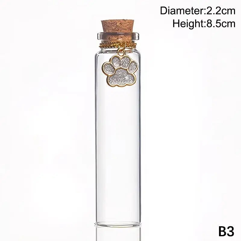 Pet Fur Keepsake Clear Glass Bottle Sealed Cork Stopper Glitter Paw Pendant for Dog Cat Loss Memorial Gift