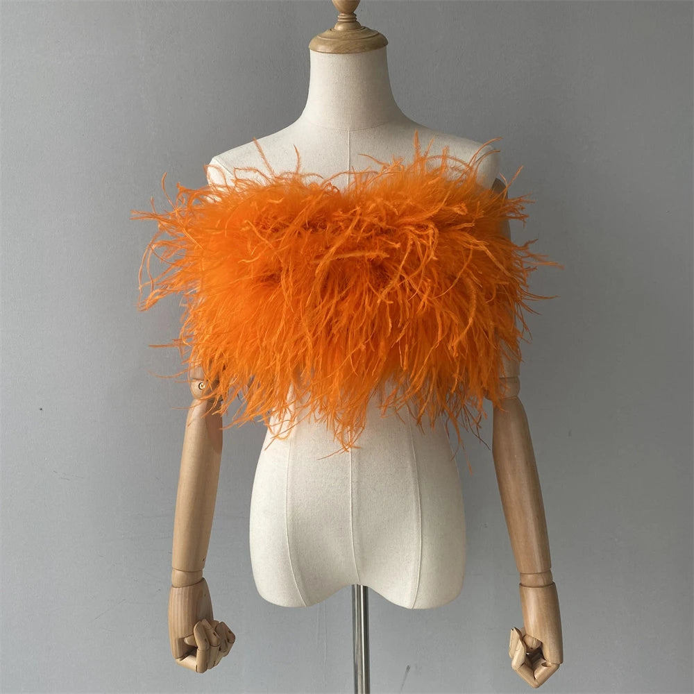 Jaxmonoy New Women Ostrich Feather Tube Spring Summer Sexy Stretch Top Bra Lady Party Wedding Fashion Sleeveless Cropped Top