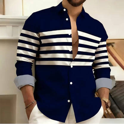 Striped Printed Men's Long Sleeved Shirt, Casual and Comfortable, Fashionable and Trendy, Street Outdoor, Soft Fabric
