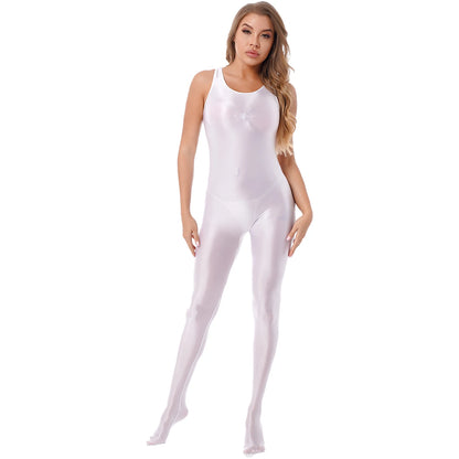 Women's Sleeveless Full Body Bodysuit Glossy Jumpsuit Gymnastics Fitness Swimming Leotard Pole Dance Costume Clubwear Lingerie
