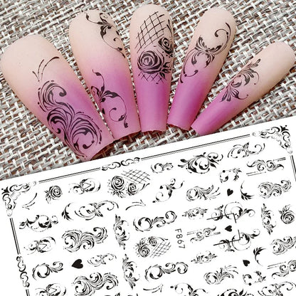 Black and White Love Flowers Line Art 3D Stickers Nail Decals Nail Art Accessories Butterfly Rose Nail Stickers Nail Sliders