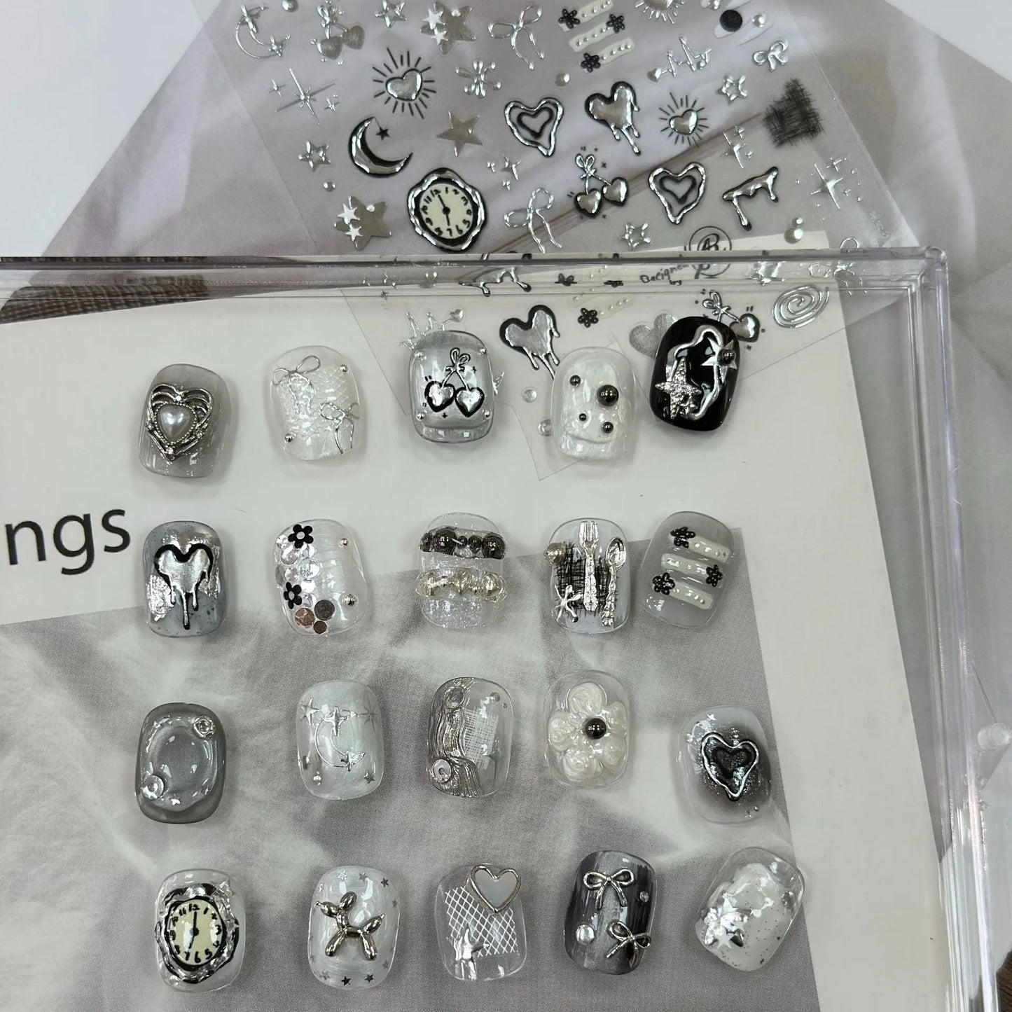 1Pcs 5D Metal Y2K Liquid Love Star Moon Nail Art Sticker Punk Style Silver Clock Heartbeat Heart Slider Romantic Manicure Decals