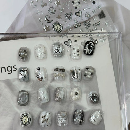 1Pcs 5D Metal Y2K Liquid Love Star Moon Nail Art Sticker Punk Style Silver Clock Heartbeat Heart Slider Romantic Manicure Decals