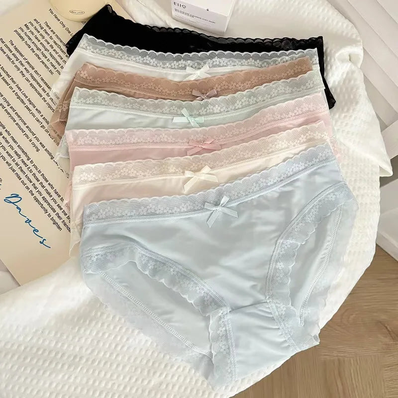 4 PCS/PACK Solid Color Women's Panties Mid-Waist Breathable Comfort Sexy Antibacterial Lace Innerwear