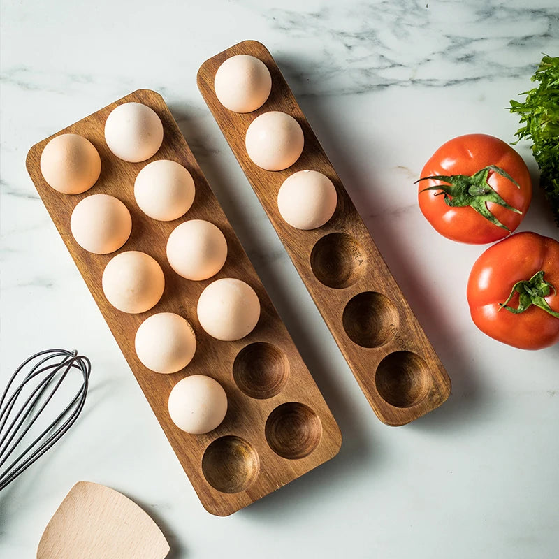 Japanese Style Wooden Double Row Egg Storage Box Home Organizer Rack Eggs Refrigerator Holder Kitchen Fresh Keeping Accessories
