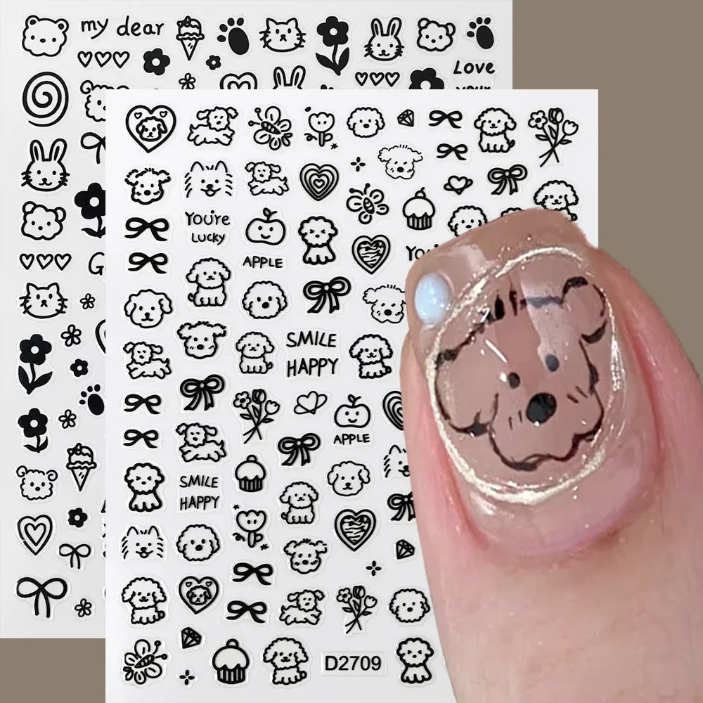 2Sheets French Gradient Line Nail Art Stickers 3D Self-Adhesive White+Black Slider Design Stencil Manicure Guides DIY Nail Decor