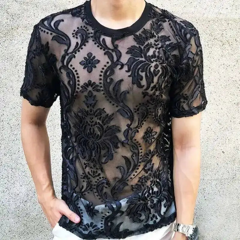 Sexy Round Neck T Shirt Soft Velvet Slim Men Clothing Nightclub Short-sleeved Top Quality Transparent Floral T Shirt See Through
