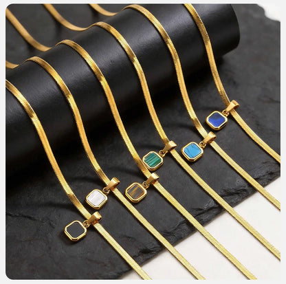 Vnox Geometric Square Natural Stone Pendant Necklace for Men, Gold Silver Color Stainless Steel Blade Chain, Trendy Jewelry Gift