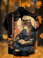 Men's short-sleeved shirt with cat and dinosaur print, casual and stylish vacation-style men's top, fashionable Hawaiian design.