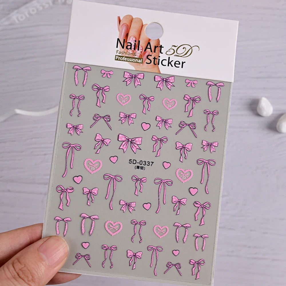 1pcs 5D White Lace Bowknot Nail Art Sticker Sweet Pearl  Bow Ribbon Self-Adhesive Nail Slider DIY Luxury Nail Decorations Decals
