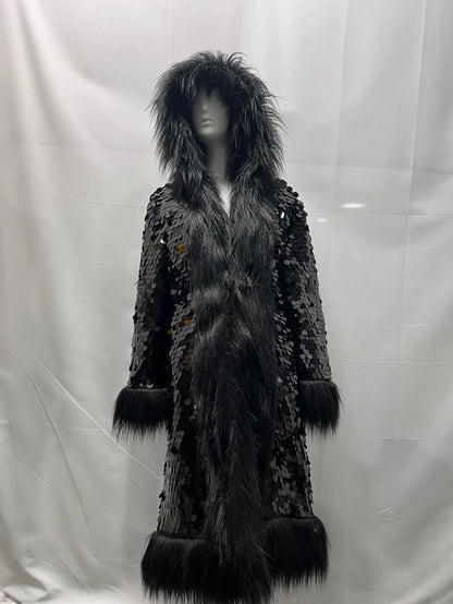 Patchwork Women Hooded Faux Fur Coat Fox Fur Long Sleeve Thick Warm Fur Outerwear Spliced Party Stage Loose Fit Sequined