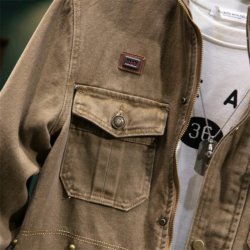 American Retro Style Men's Spring Casual Jackets Heavyweight Cotton Multi-Pockets Loose Cargo Jacket Fashion Outerwear