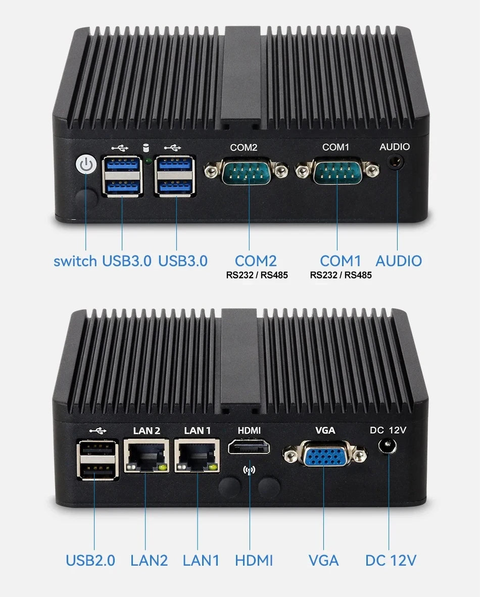 Fanless Mini Industrial PC Intel Celeron N5095 2x RS232 Serial Ports 2x Gigabit Ethernet Mini-PCIe Expansion Windows Linux
