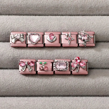 2025 New Women Romantic Pink Cherry Heart Shiny CZ Italian Charm Links Fit 9mm Bracelet Stainless Steel DIY Making Jewelry Gifts