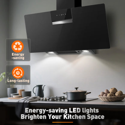 90cm Wall Mounted Cooker Hood 800m³/h A+++ LED Touch Control, Black Glass - Recirculation/Exhaust Option